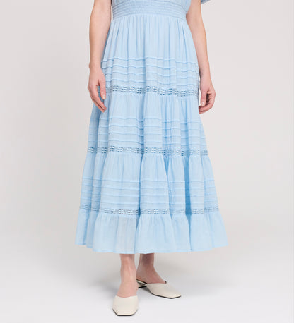 Juniper Pale Blue Cotton Lace Tiered Midi Dress