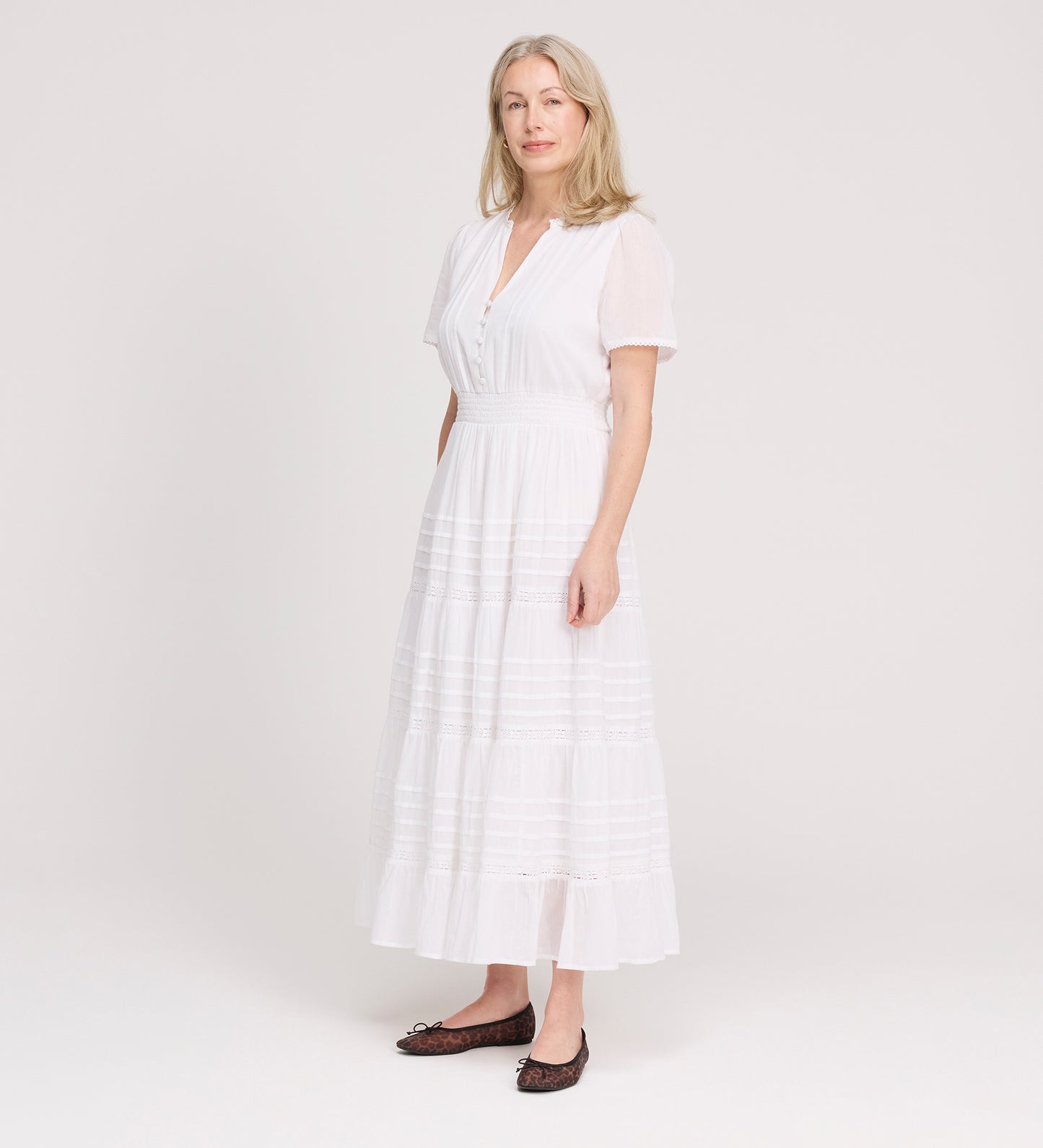 Juniper White Cotton Lace Tiered Midi Dress
