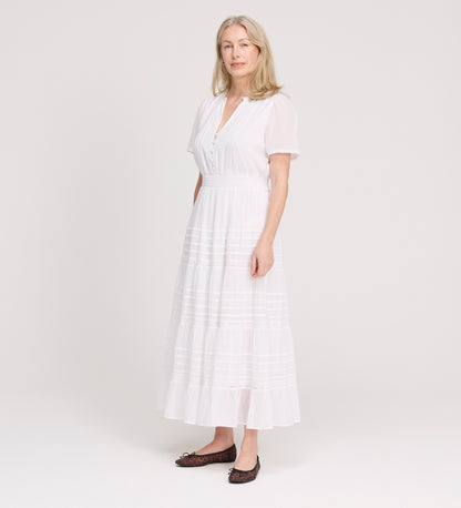 Juniper White Cotton Lace Tiered Midi Dress