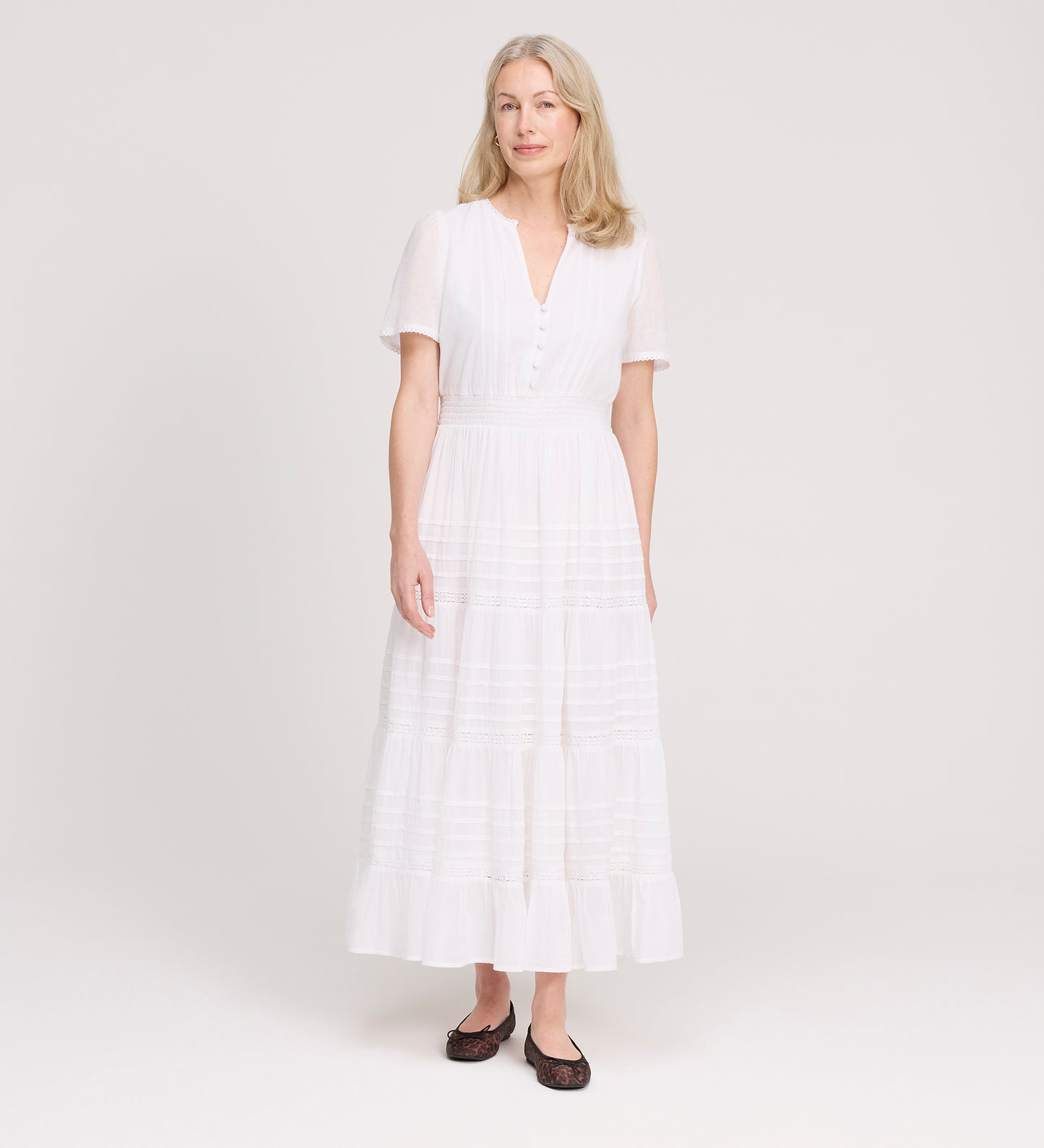 Juniper White Cotton Lace Tiered Midi Dress