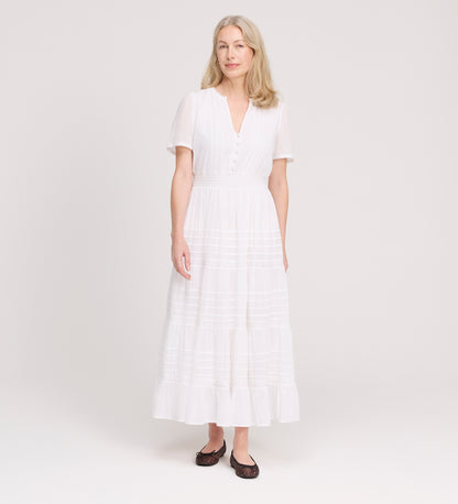 Juniper White Cotton Lace Tiered Midi Dress
