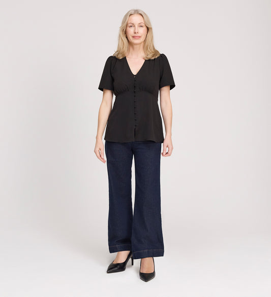 Maryam Black Button Up V-Neck Short Sleeve Top