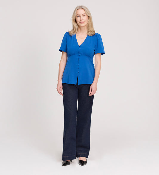 Maryam Cobalt Button Up V-Neck Short Sleeve Top