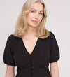 A woman with shoulder-length blonde hair wears the Robyn Black Button Through Midi Dress, featuring an empire waist and V-neckline, standing against a plain light background and smiling softly.