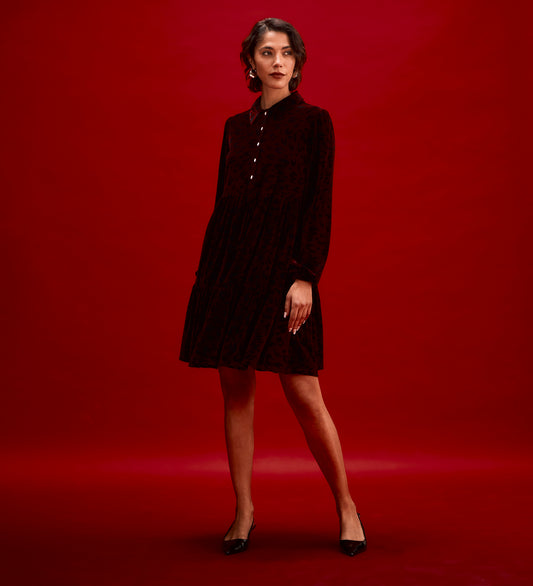 Rosanna Burgundy Animal Velvet Short Dress