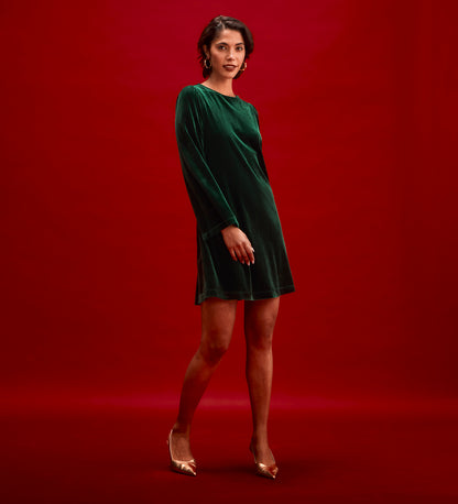 Hattie Bottle Green Velvet Short Dress