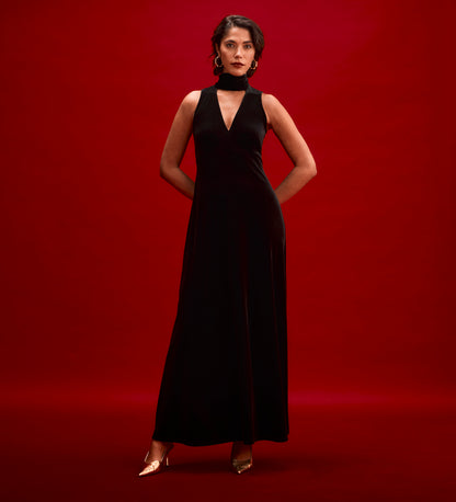 Ophelia Black Velvet Tie Neck Maxi Dress