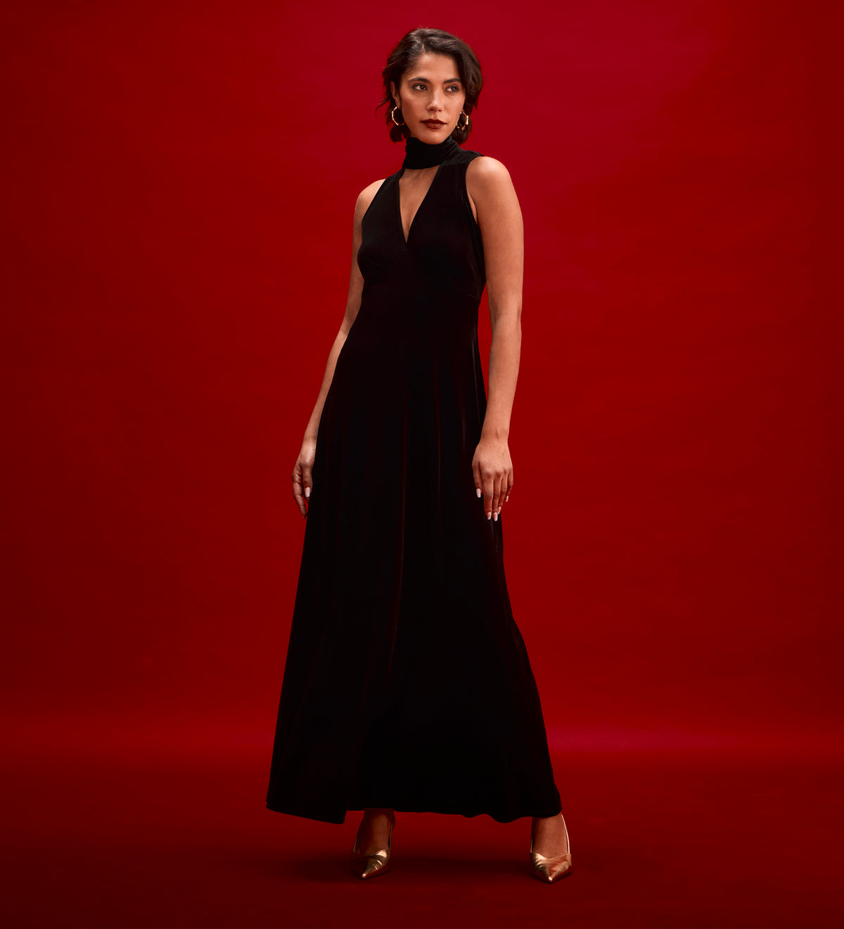 Ophelia Black Velvet Tie Neck Maxi Dress