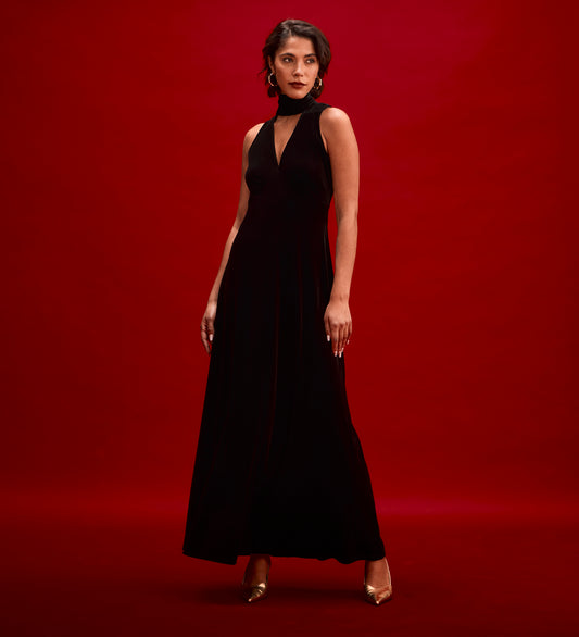 Ophelia Black Velvet Tie Neck Maxi Dress