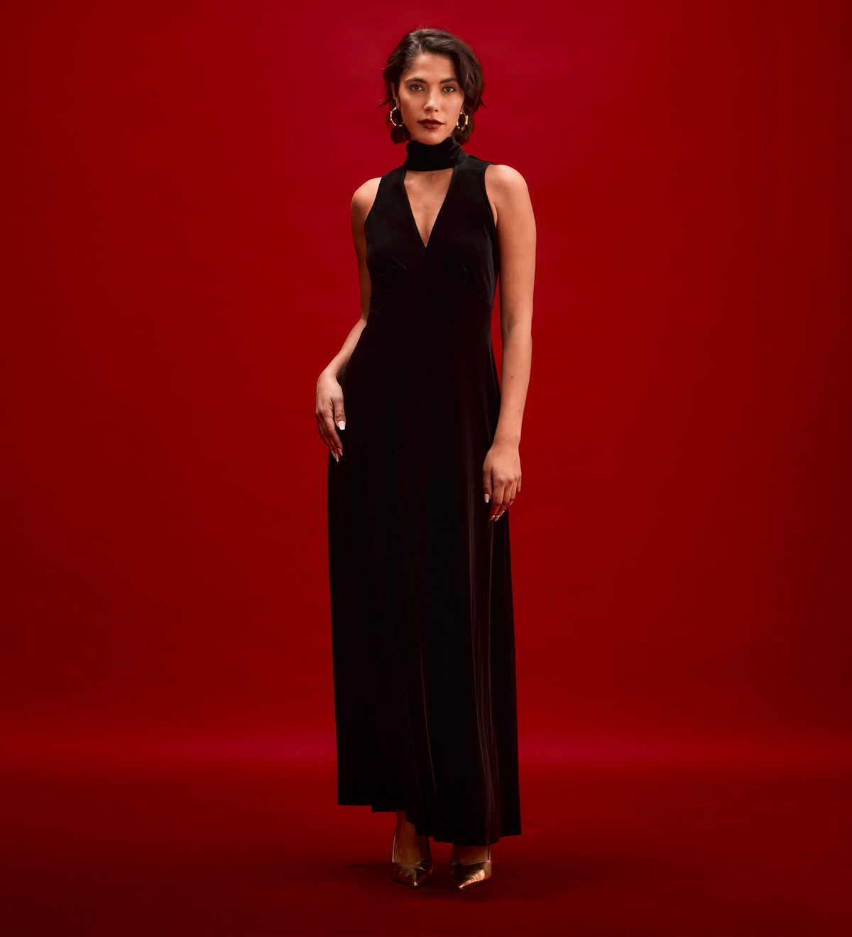 Ophelia Black Velvet Tie Neck Maxi Dress