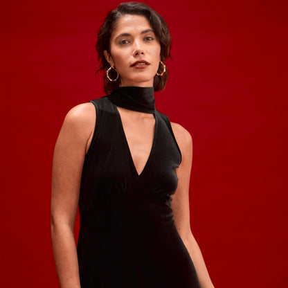Ophelia Black Velvet Tie Neck Maxi Dress