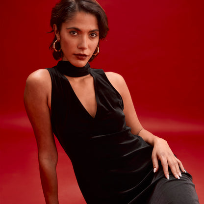 Ophelia Black Velvet Tie Neck Maxi Dress