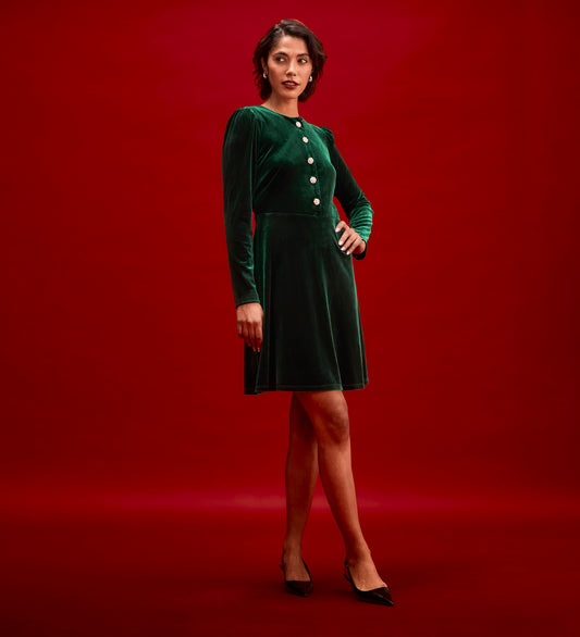 Rae Bottle Green Velvet Short Dress