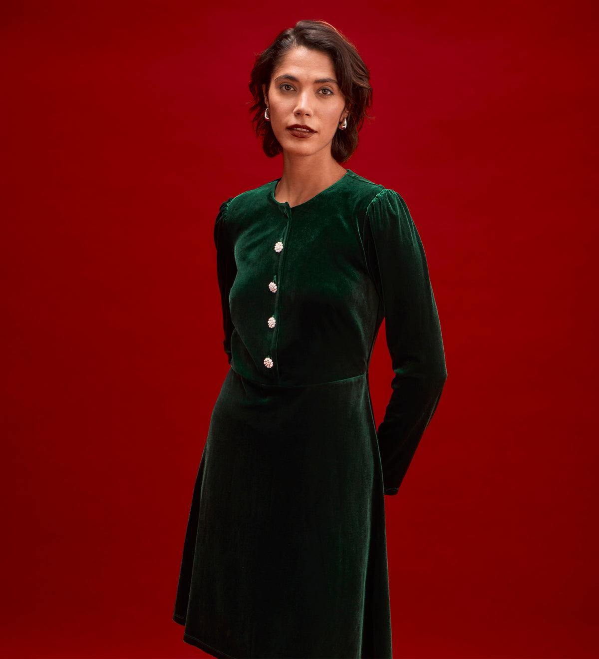 Rae Bottle Green Velvet Short Dress