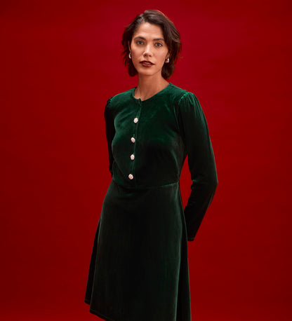 Rae Bottle Green Velvet Short Dress