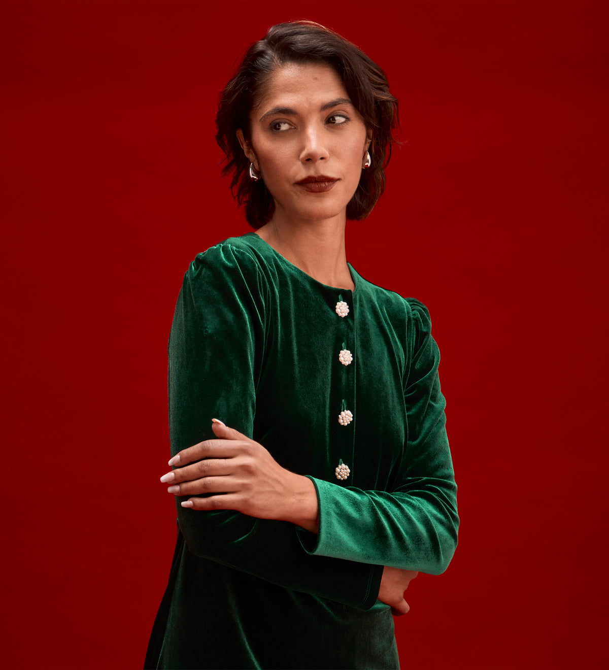 Rae Bottle Green Velvet Short Dress