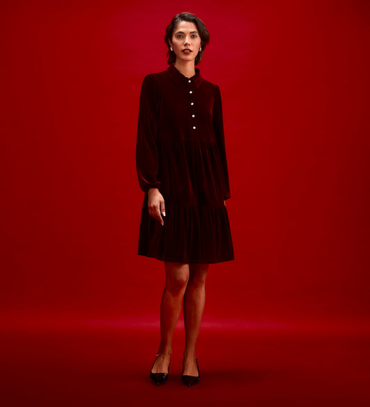 Rosanna Burgundy Velvet Short Dress