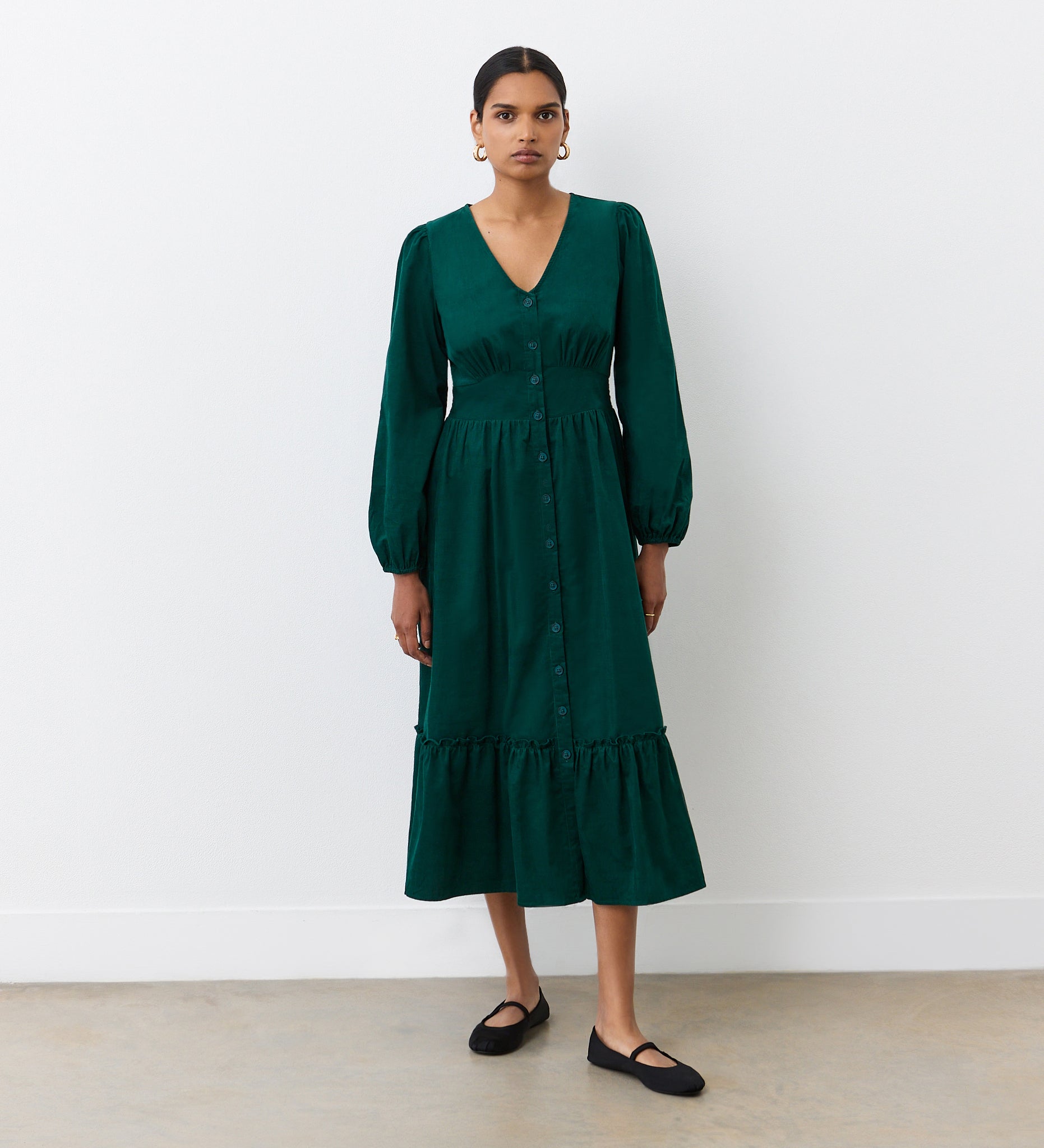 Arizona Bottle Green Corduroy Midi Dress | Finery London Arizona Bottle Green Corduroy Midi Dress | Finery London