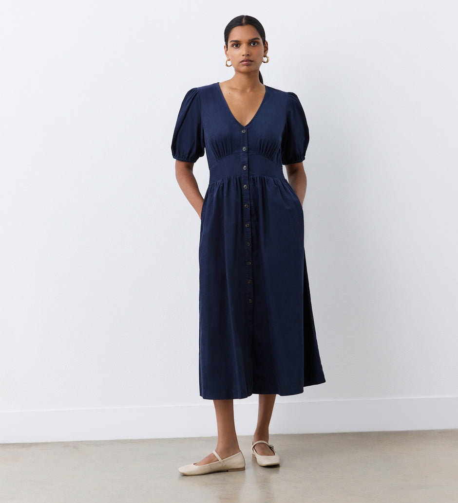 Elegant Corduroy Dress With Tie Neck And Side Slits