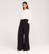 A woman stands against a plain background wearing a white ruffled-collar blouse and Addie Black Gaberdine Twill Wide Leg Trousers, paired with black pointed-toe shoes.