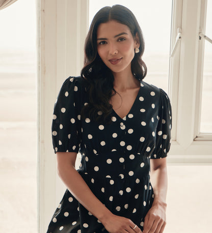 Addison Black Polka Dot Cotton Button-Through Smock Midi Dress