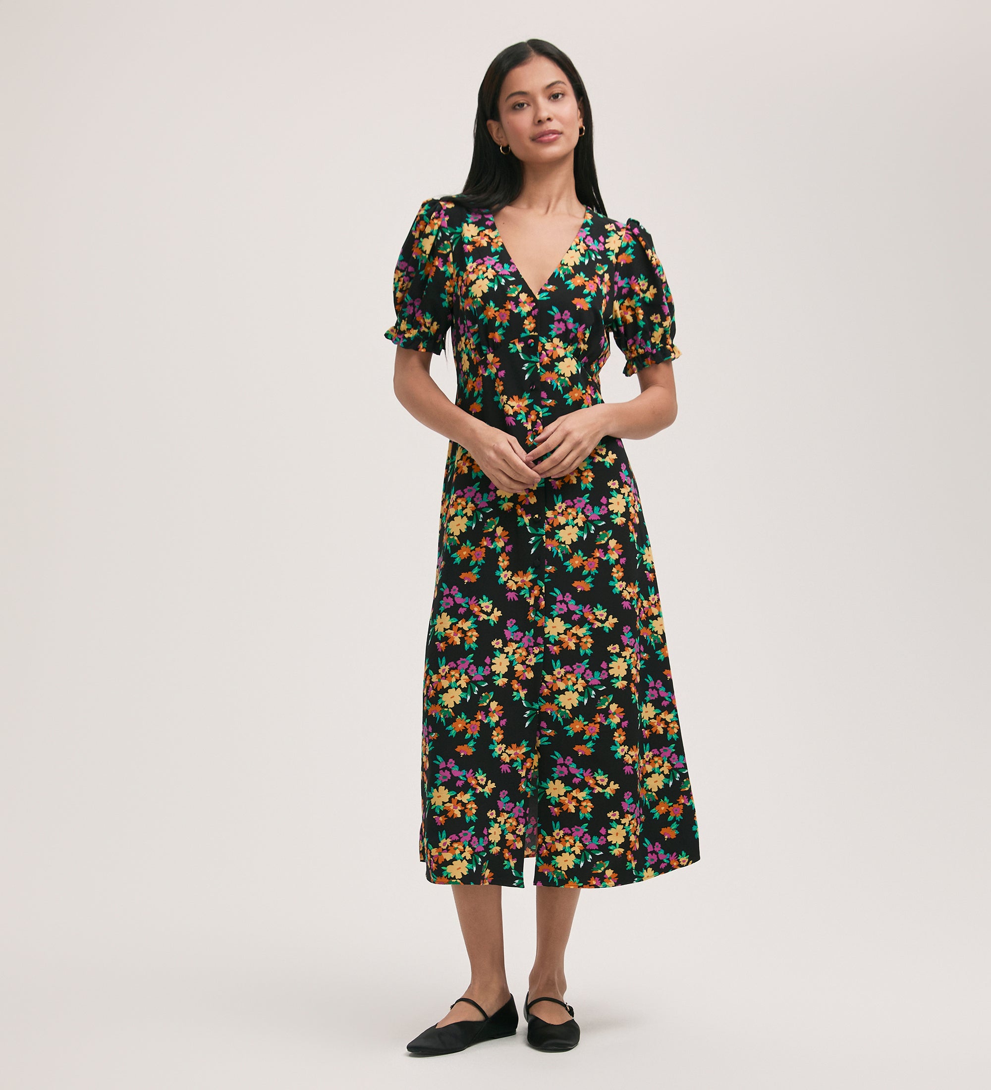 Black Crepe One Shoulder Midi Dress With Flower main image 1