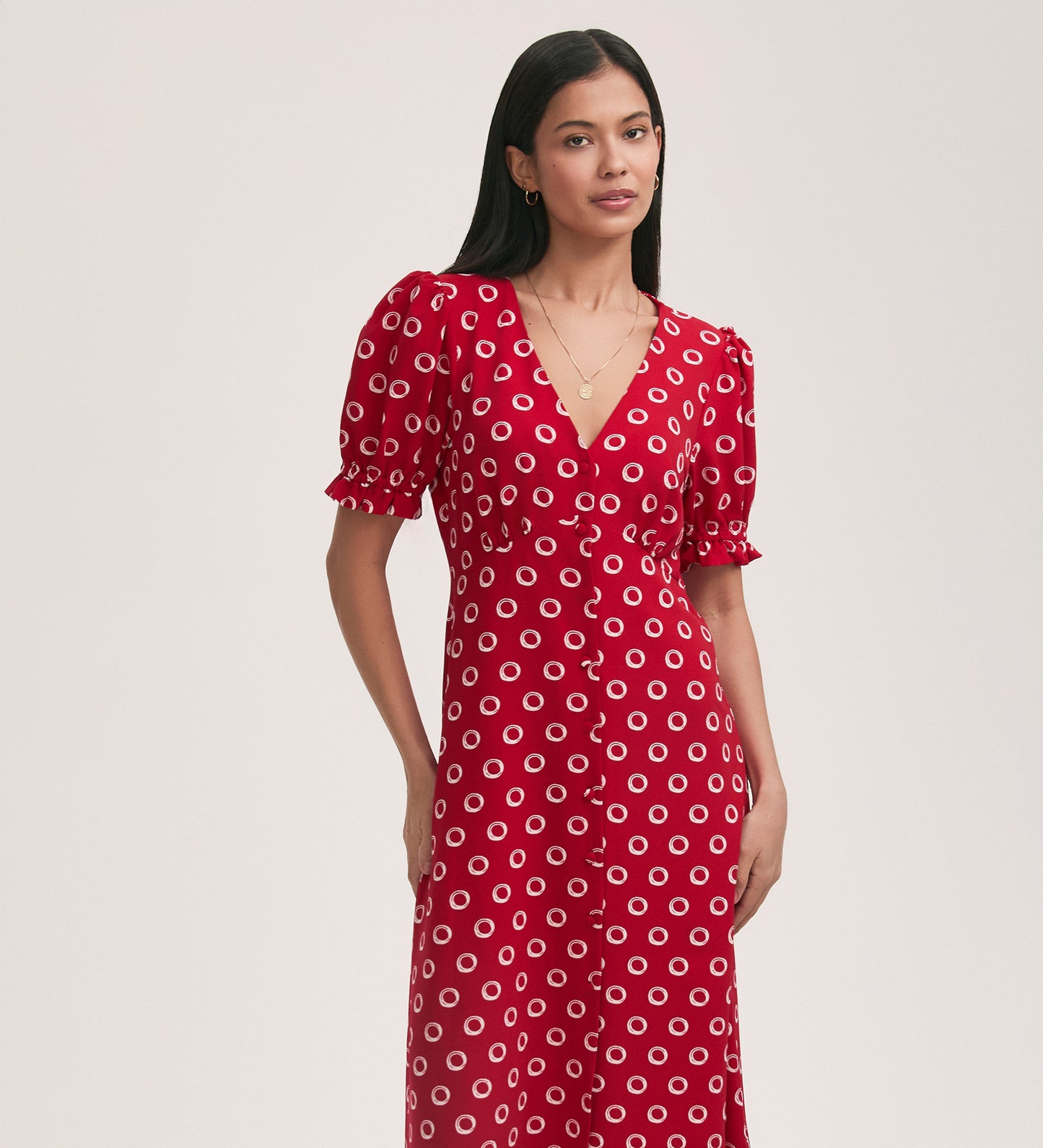 Alia Red Polka Dot Crepe Midi Dress