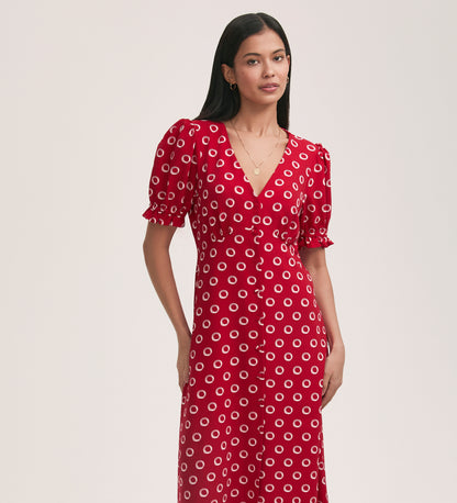 Alia Red Polka Dot Crepe Midi Dress