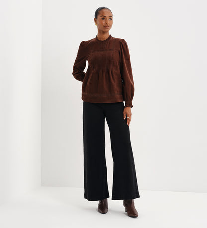 Alicia Brown Corduroy Lace Trim Pintuck Top