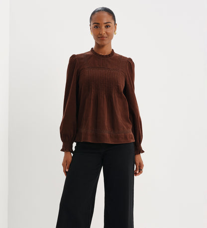 Alicia Brown Corduroy Lace Trim Pintuck Top