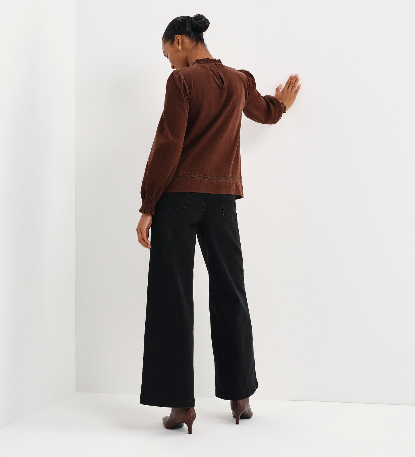Alicia Brown Corduroy Lace Trim Pintuck Top