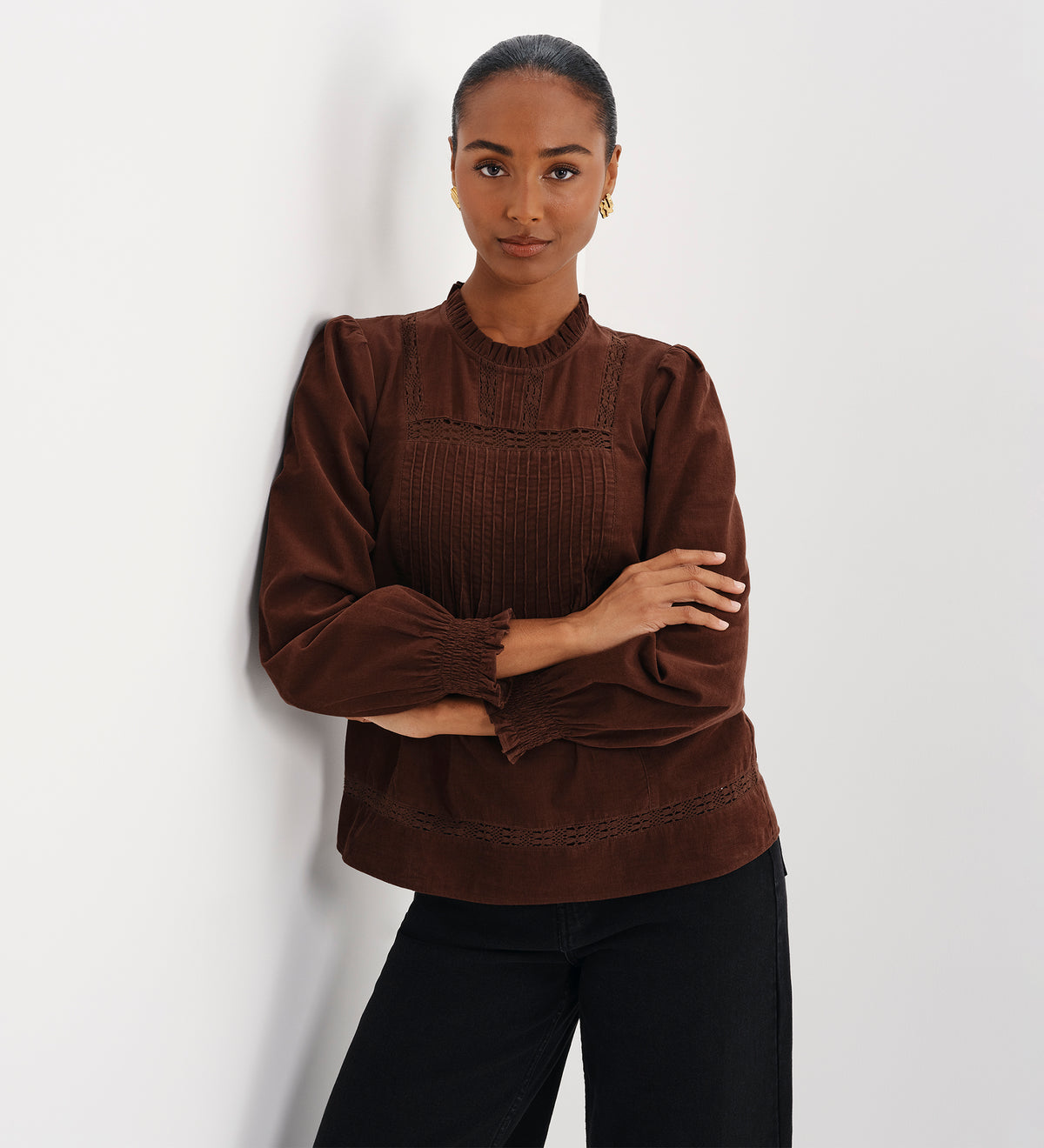 Alicia Brown Corduroy Lace Trim Pintuck Top