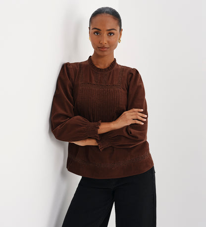 Alicia Brown Corduroy Lace Trim Pintuck Top
