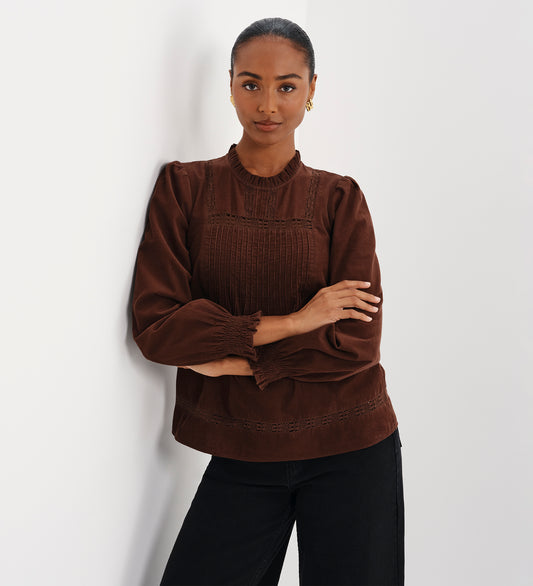 Alicia Brown Corduroy Lace Trim Pintuck Top
