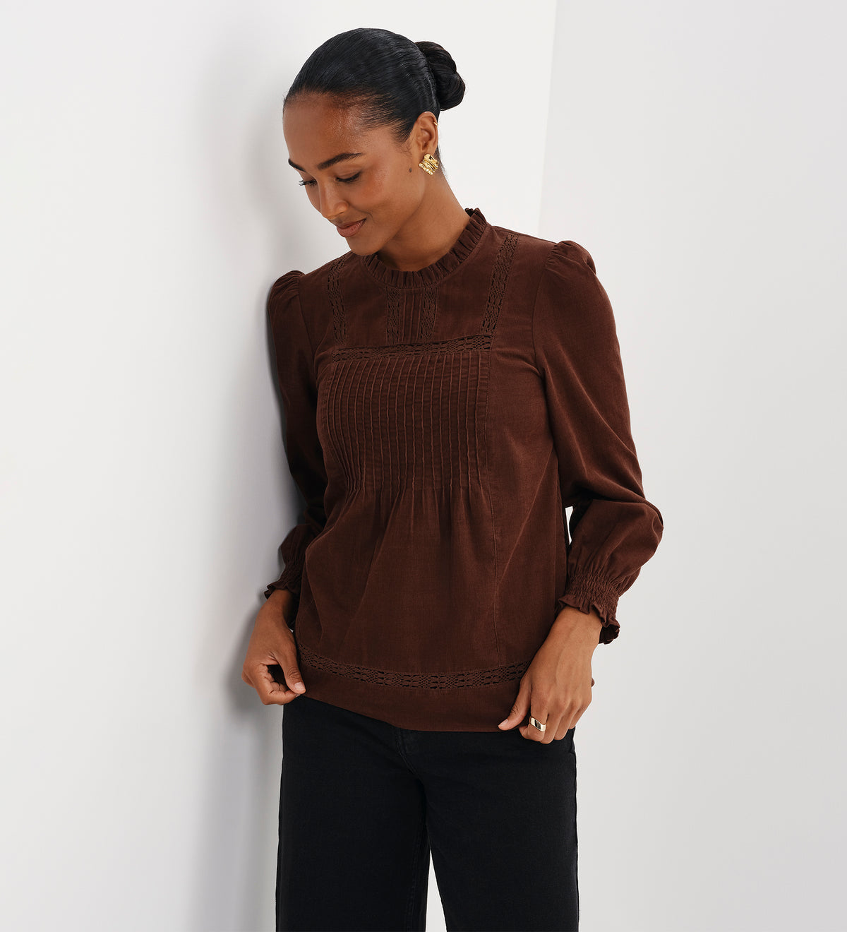 Alicia Brown Corduroy Lace Trim Pintuck Top