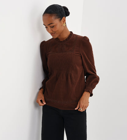 Alicia Brown Corduroy Lace Trim Pintuck Top