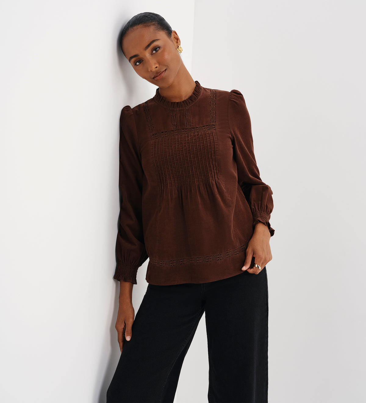 Alicia Brown Corduroy Lace Trim Pintuck Top
