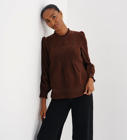 Alicia Brown Corduroy Lace Trim Pintuck Top