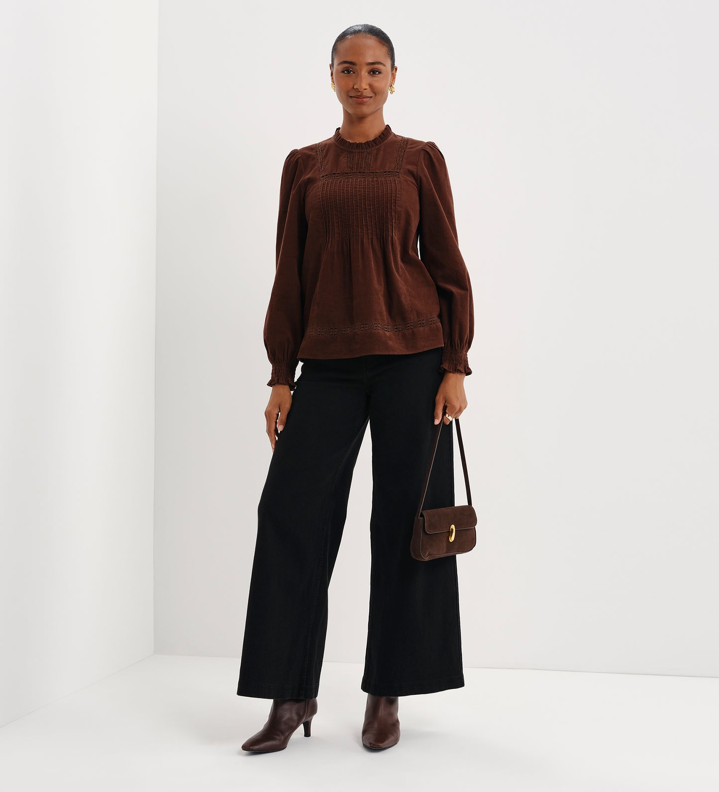 Alicia Brown Corduroy Lace Trim Pintuck Top