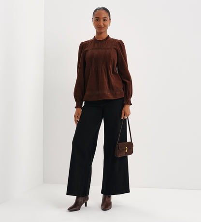 Alicia Brown Corduroy Lace Trim Pintuck Top