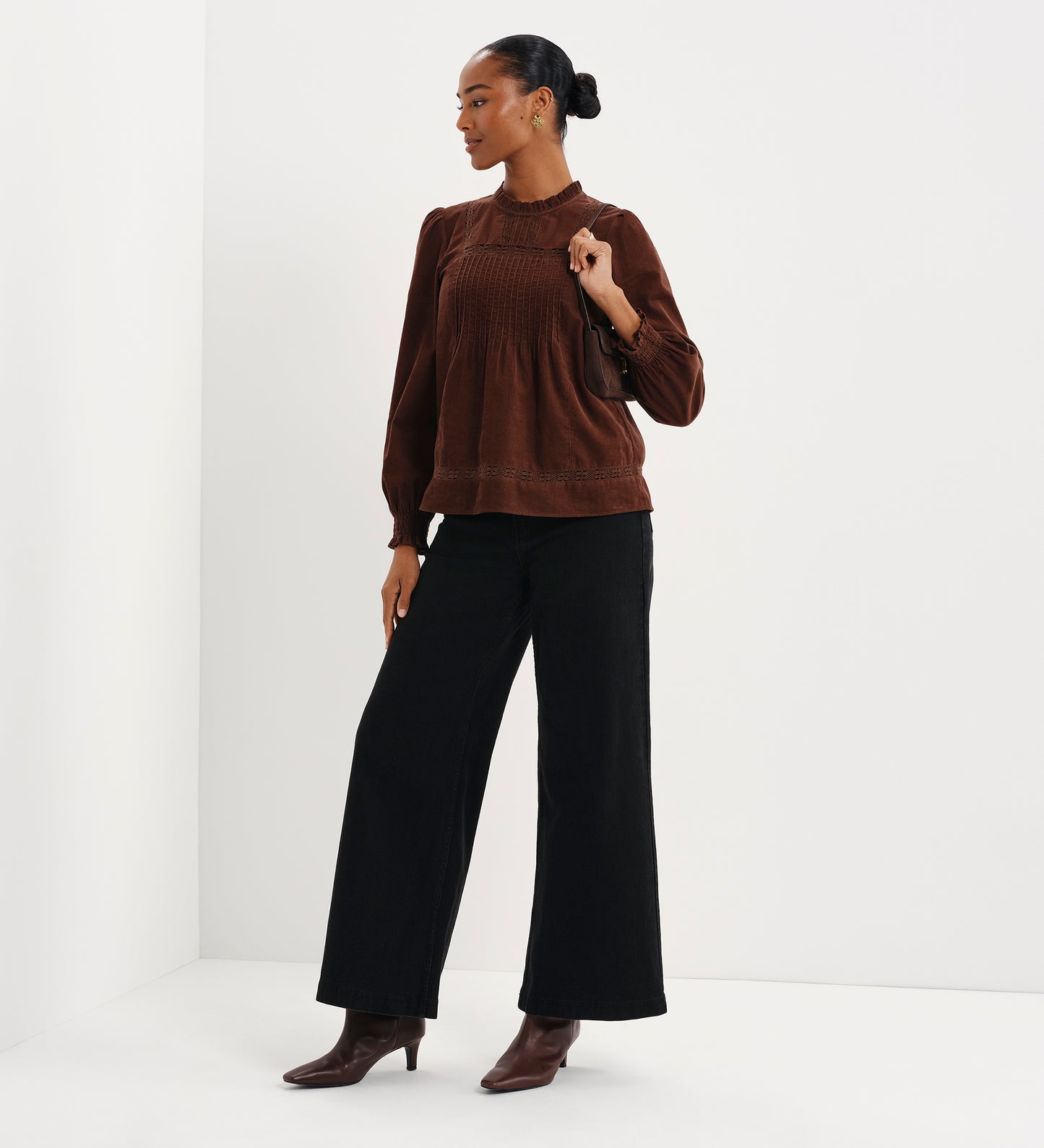 Alicia Brown Corduroy Lace Trim Pintuck Top