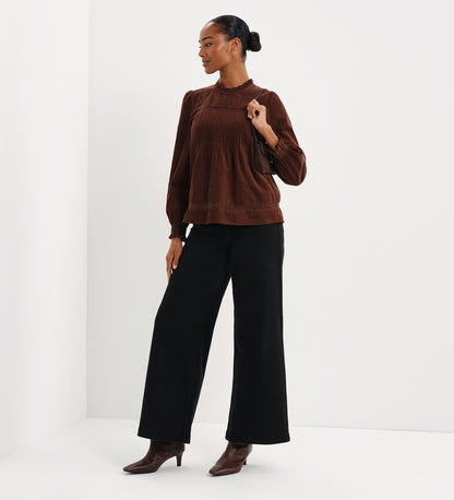 Alicia Brown Corduroy Lace Trim Pintuck Top