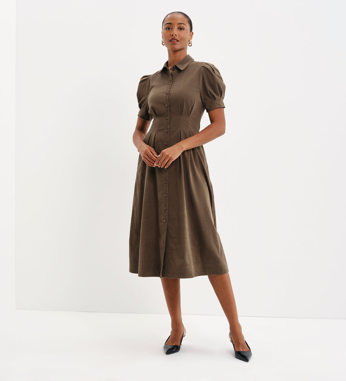 Anika Khaki Corduroy Puff Sleeve Midi Shirt Dress