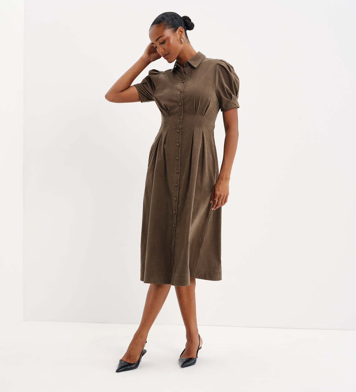 Anika Khaki Corduroy Puff Sleeve Midi Shirt Dress