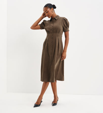 Anika Khaki Corduroy Puff Sleeve Midi Shirt Dress