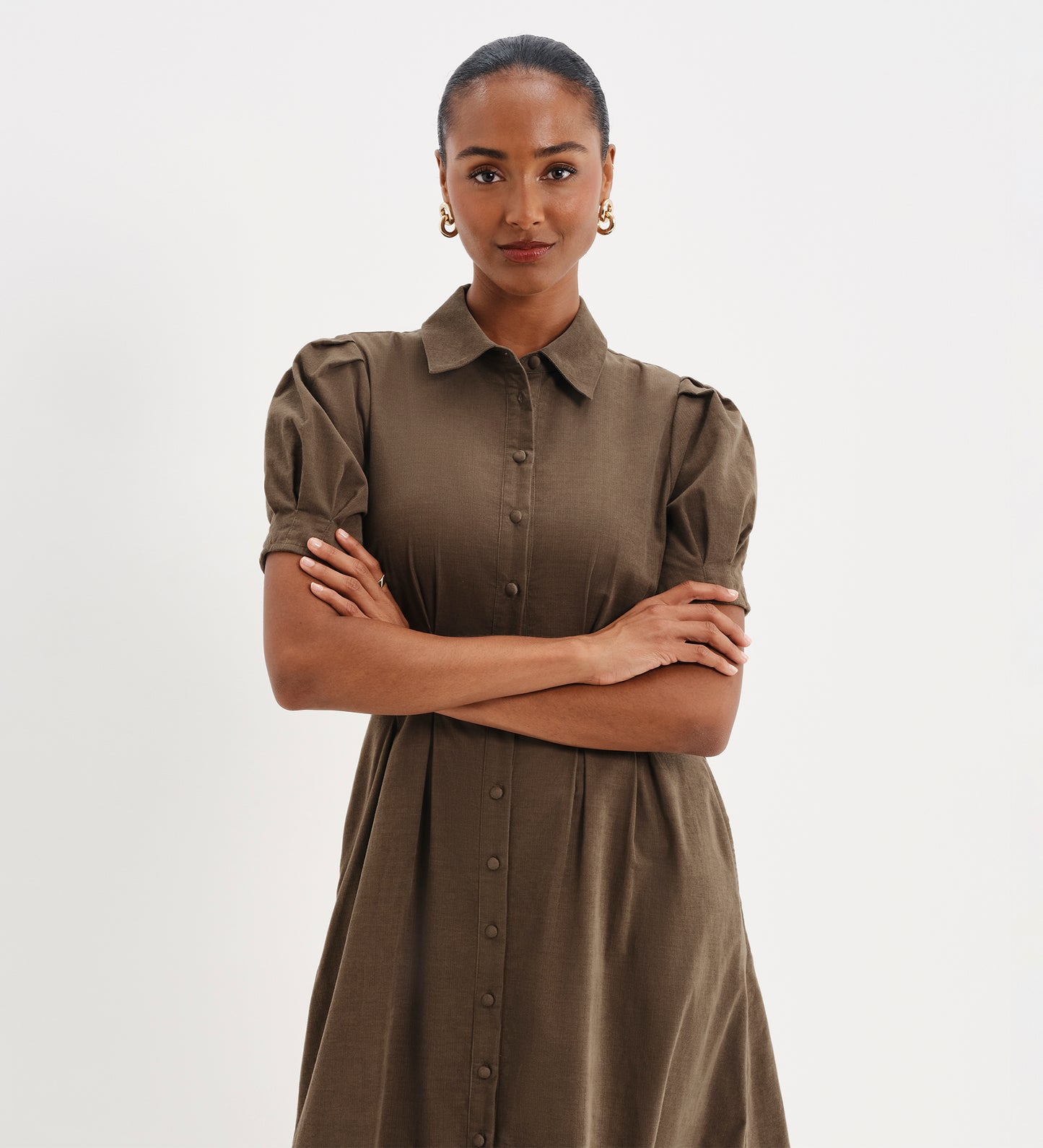 Anika Khaki Corduroy Puff Sleeve Midi Shirt Dress