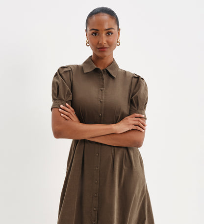 Anika Khaki Corduroy Puff Sleeve Midi Shirt Dress