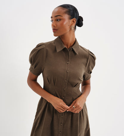 Anika Khaki Corduroy Puff Sleeve Midi Shirt Dress