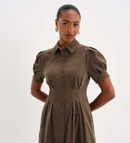 Anika Khaki Corduroy Puff Sleeve Midi Shirt Dress