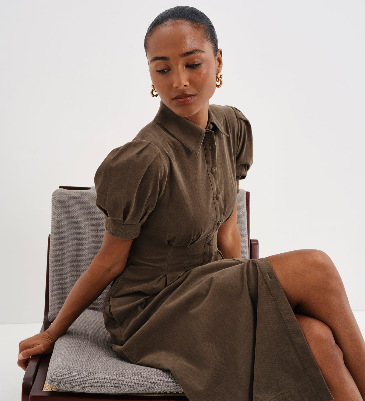 Anika Khaki Corduroy Puff Sleeve Midi Shirt Dress